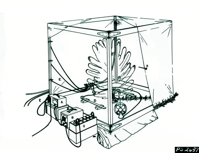 Diagram of a complete fumigation assemble, showing type and position of equipment. A - fumiscope; B - inverter; C - 12 volt battery; D - strip heaters; E - sampling lines; F - tree. The pest control equipment brands owners buy twice