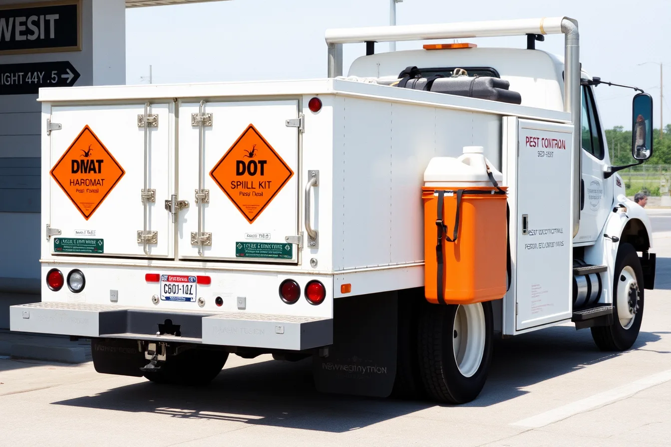 Pest control truck with DOT hazmat placards and spill kit at weigh station. DOT rules for transporting pesticides in Texas and Florida compared