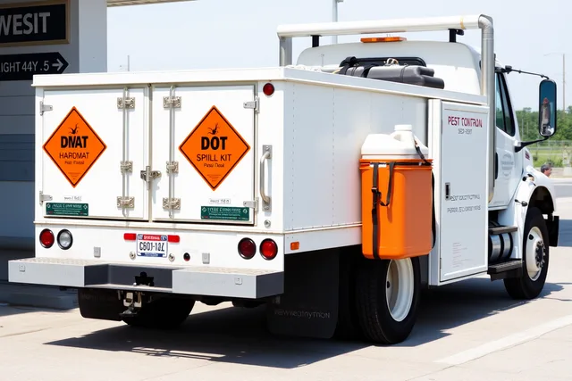 Pest control truck with DOT hazmat placards and spill kit at weigh station. DOT rules for transporting pesticides in Texas and Florida compared