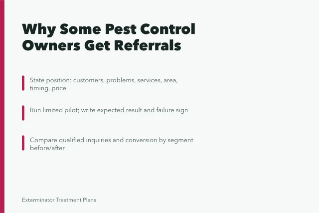 Card on pest control referral program decisions, pilots, and conversion tracking. Why some pest control business owners get referrals and others do not