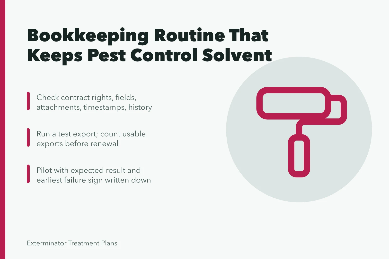 Card on pest control bookkeeping linking customer access, capacity, staffing, and cash. The bookkeeping routine that keeps a pest control business solvent