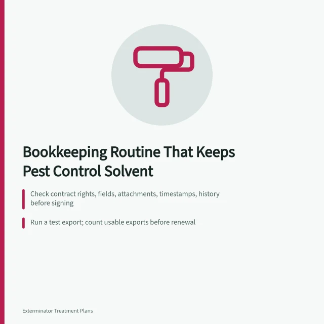 Card on pest control bookkeeping linking customer access, capacity, staffing, and cash. The bookkeeping routine that keeps a pest control business solvent