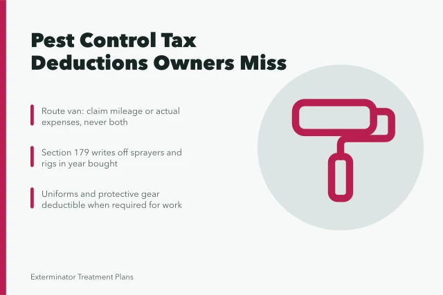 Card listing three overlooked tax deductions for pest control business owners. 3 IRS tax deductions US pest control owners miss each year