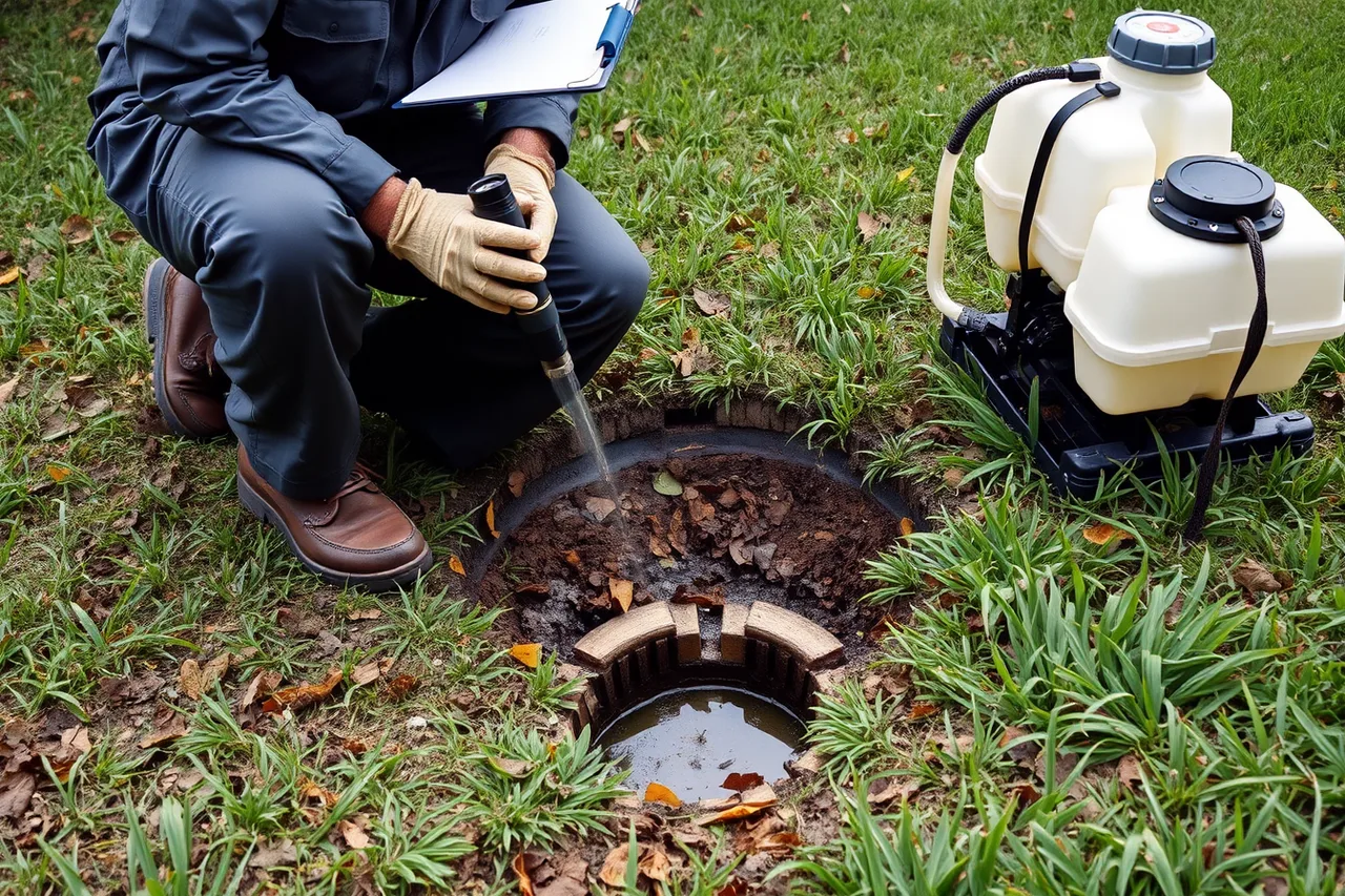 Exterminator inspecting a clogged French drain for mosquito breeding (How Houston and Phoenix climates shape exterminator treatment plans)