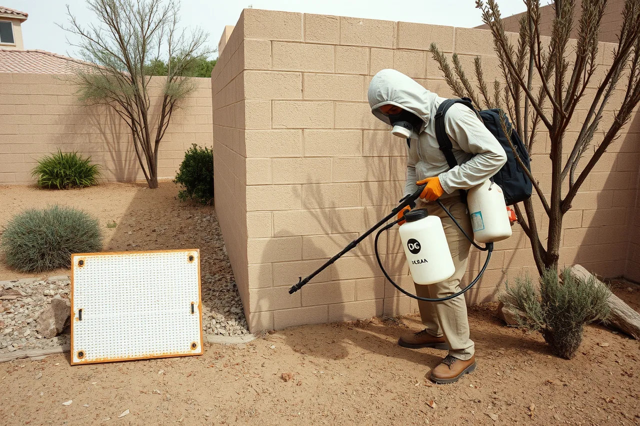 Exterminator applying residual insecticide to a block wall for scorpion control (How Houston and Phoenix climates shape exterminator treatment plans)