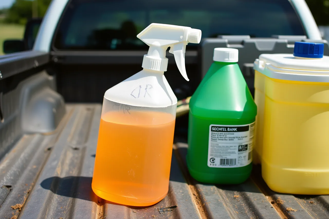 Unmarked spray bottle on truck tailgate (What OSHA requires of pest control technicians in California)