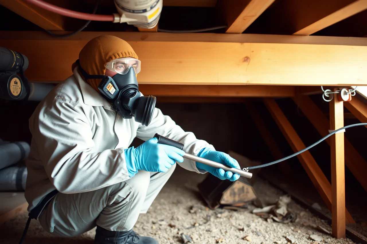Technician in full PPE treating a crawlspace (What OSHA requires of pest control technicians in California)