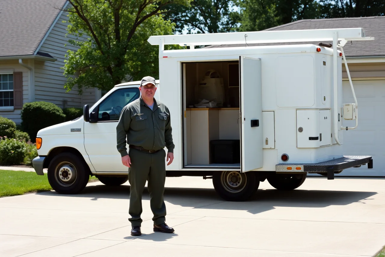 Technician photographing a branded pest control truck for a local listing (Getting a pest control business noticed in 2027)